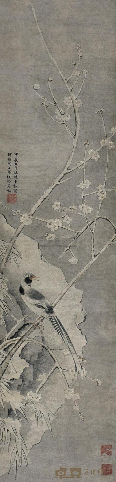 吴彬 甲辰（1604年）作 梅竹雪鸟图 立轴 125.5×30.5cm
