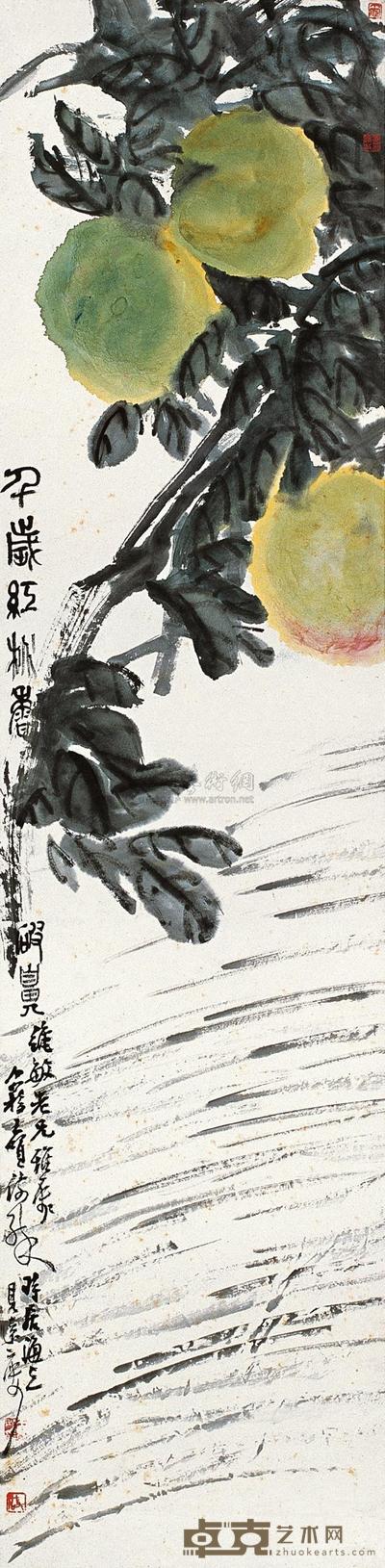 王个簃 寿桃 立轴 108×26cm