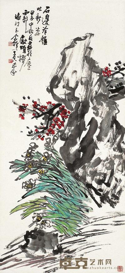 王个簃 甲子（1984年）作 石边景色 立轴 96×43.5cm