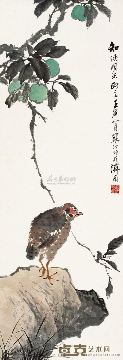 江寒汀 壬寅（1962年）作 花鸟 立轴 101×34cm