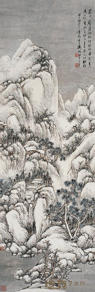 吴待秋 戊子（1948年）作 雪景 立轴 105.5×35cm
