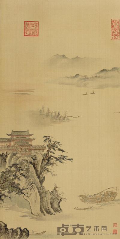 佚名 宋 江天楼阁图 木版水印立轴 74×41cm