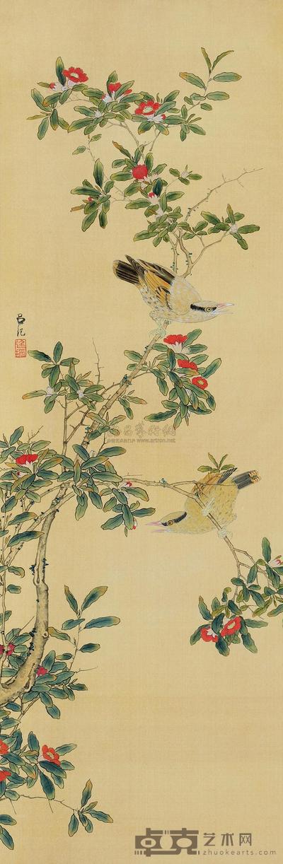 吕纪 明 榴花双莺图 木版水印立轴 110.5×38cm