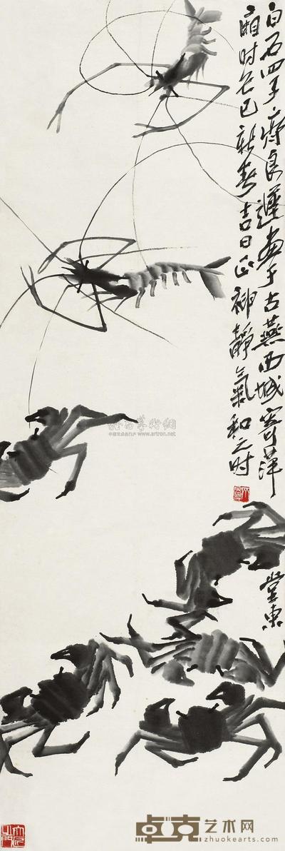 齐良迟 1989年作 鱼虾图 立轴 101×33.5cm