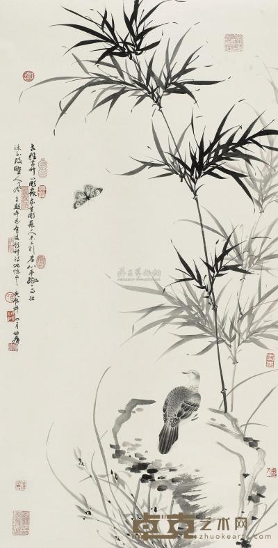 卢坤峰 2000年作 竹蝶图 镜心 138×69cm