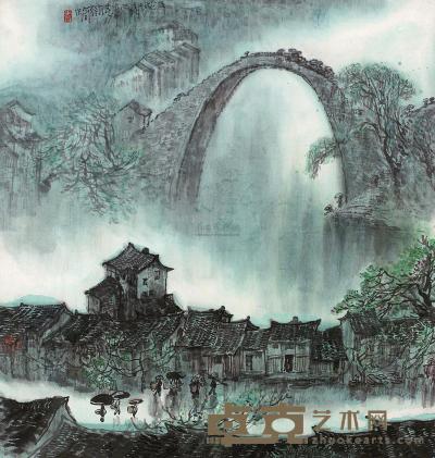 李行简 1990年作 江城春雨 镜框 67×63cm