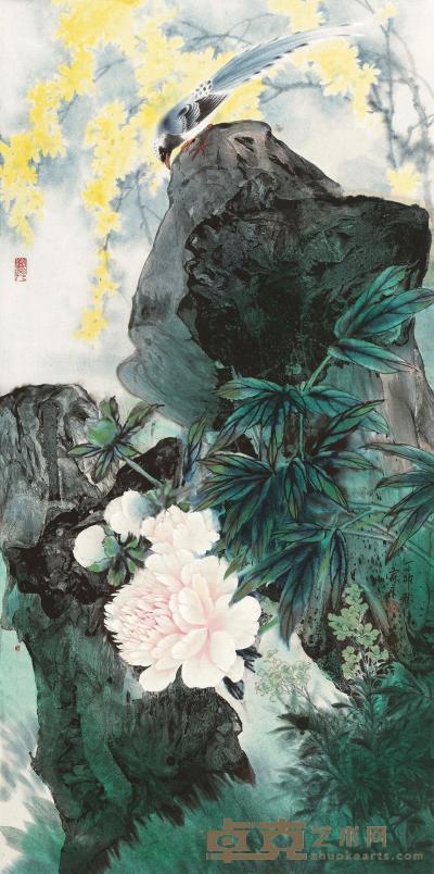 冯霖章 1987年作 花鸟 镜心 127×65cm