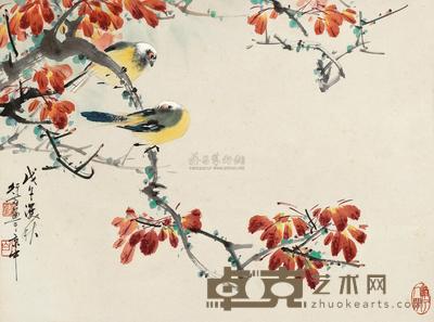 李行百 1978年作 枝头双鸟 立轴 32×44cm
