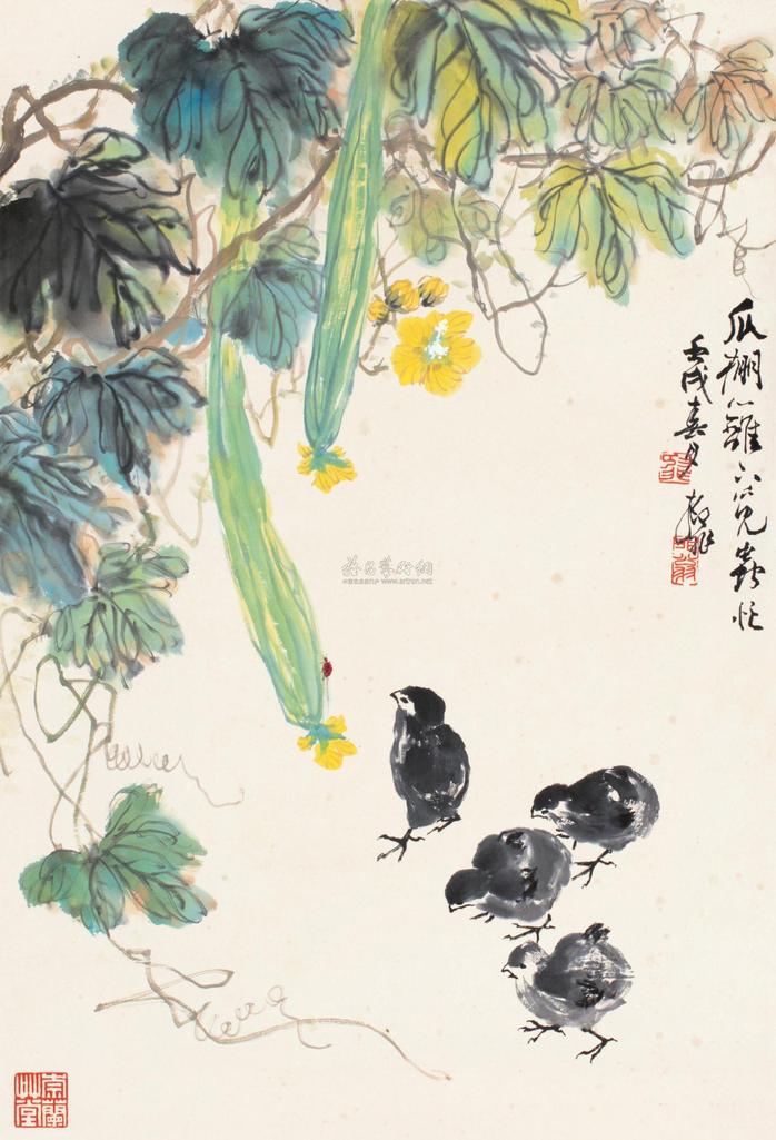 陆抑非 丝瓜小鸡 立轴