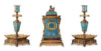 十九世纪法国 中国市场定制铜鎏金珐琅三件套壁炉钟