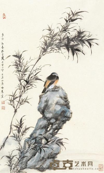 喻慧 竹石小鸟 镜心 78×47cm