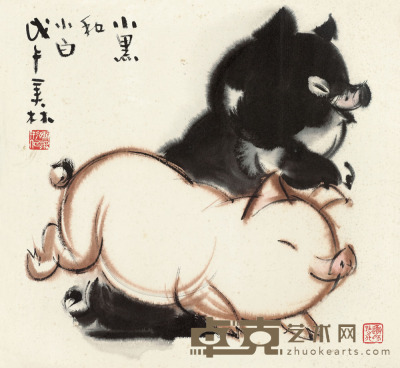 韩美林 1978年作 小黑和小白 镜片 36×39cm