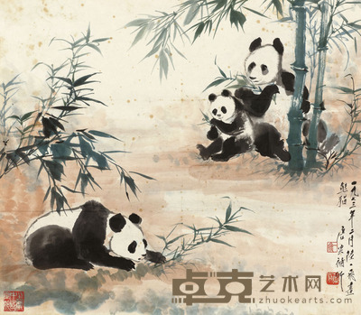 唐云 陆一飞 1973年作 熊猫竹子 镜片 61×69.5cm