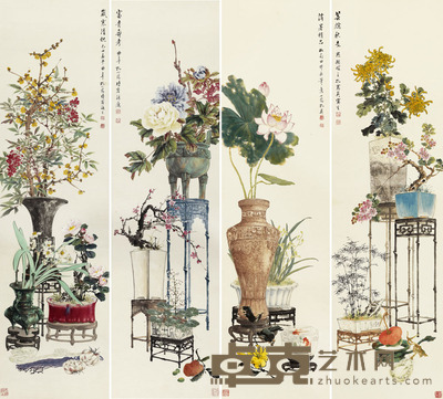 孔小瑜 1925年作 花卉 四屏 148.5×40.5cm×4