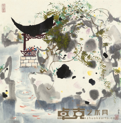 吴冠中 1984年作 苏州观鱼 镜框 47×46cm