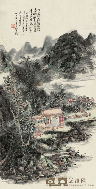 黄宾虹 1944年作 池阁叙饮 立轴 52.5×26.5cm
