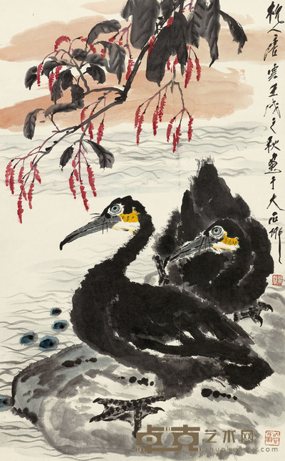 唐云 1982年作 红寥鱼鹰 立轴 94.5×58.5cm