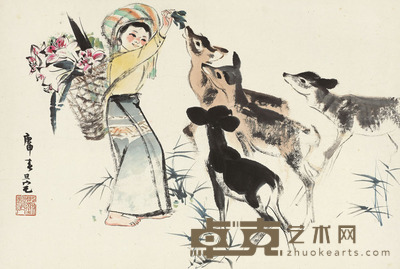 刘旦宅 1980年作 饲鹿图 镜片 46.5×68.5cm