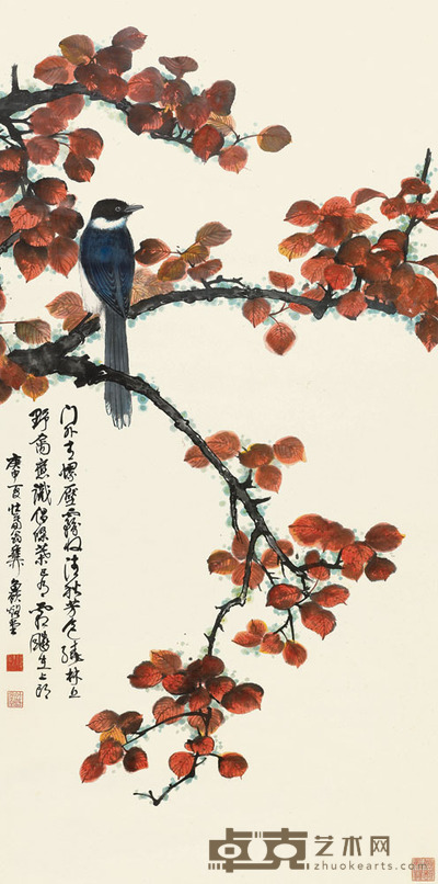 谢稚柳 1980年作 红叶小鸟 立轴 132×65cm