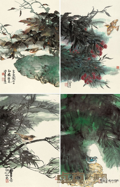 陈佩秋 烟树灵禽屏 四屏镜片 74×46.5cm×4