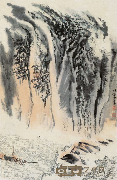 陆俨少 峡江行舟 镜框 50.5×33cm