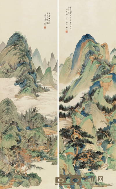 吴琴木 云山浮翠 对屏 169×51cm×2