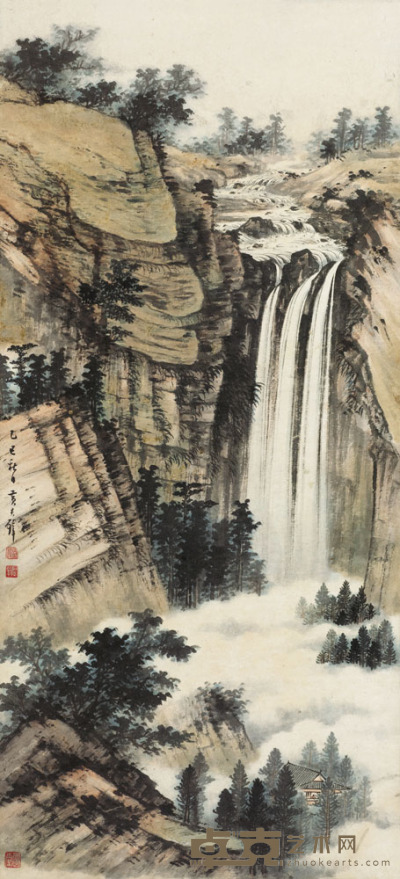 黄君璧 1965年作 秋山飞瀑 镜片 121×54.5cm