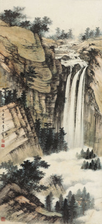 黄君璧 1965年作 秋山飞瀑 镜片