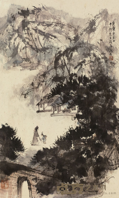 傅抱石 1950年作 秋山访友 镜片 53.5×32cm