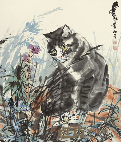黄胄 1985年作 猫趣图 镜片 64.5×57cm