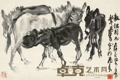 黄胄 1983年作 四驴图 镜片 46×69cm