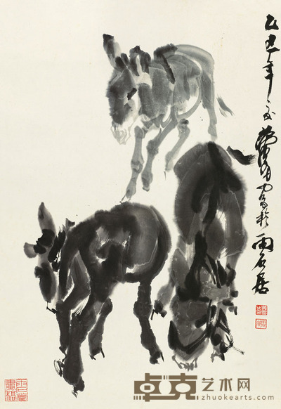 黄胄 1985年作 三驴图 立轴 69.5×47.5cm