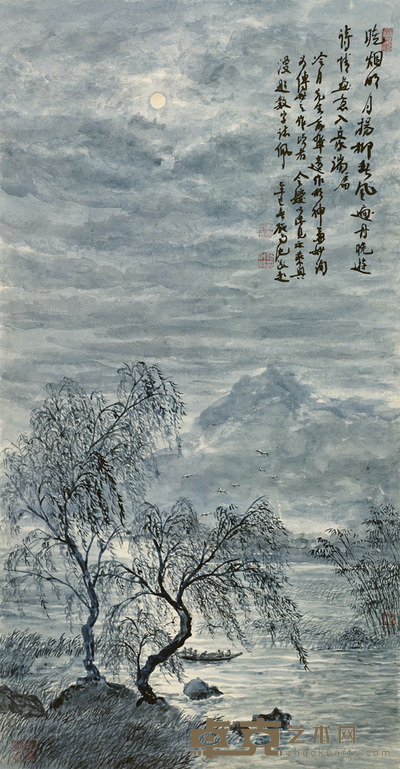 陶冷月 1982年作 月夜泛舟 立轴 94×49cm