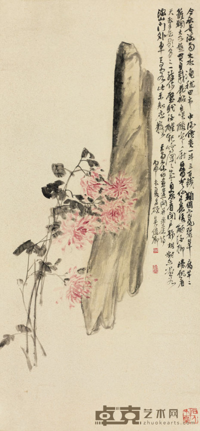 吴昌硕 1896年作 菊石图 镜片 134×62cm