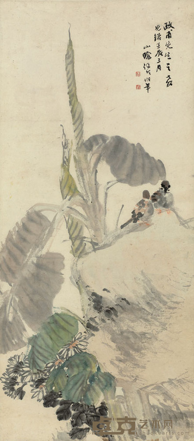 任颐 1892年作 蕉荫双栖 立轴 100.5×44.5cm