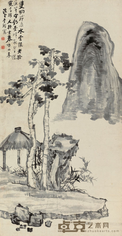 李鱓 双桐茅屋 立轴 123.5×63.5cm
