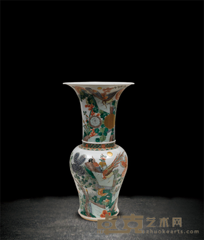 五彩花鸟纹凤尾尊 H:43cm
