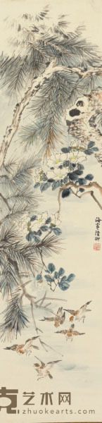 陆抑非 花鸟 133×32cm