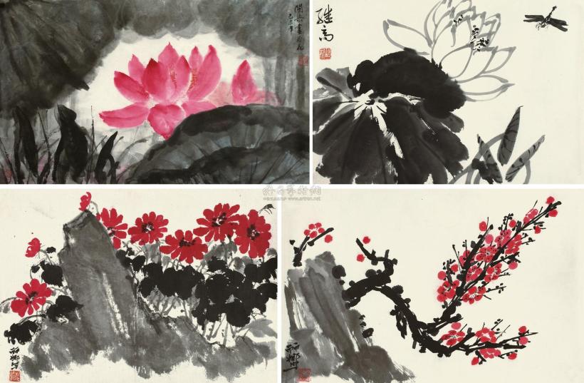 刘开渠 程丽娜 等 己未（1979年）作 花卉 （四帧） 镜心