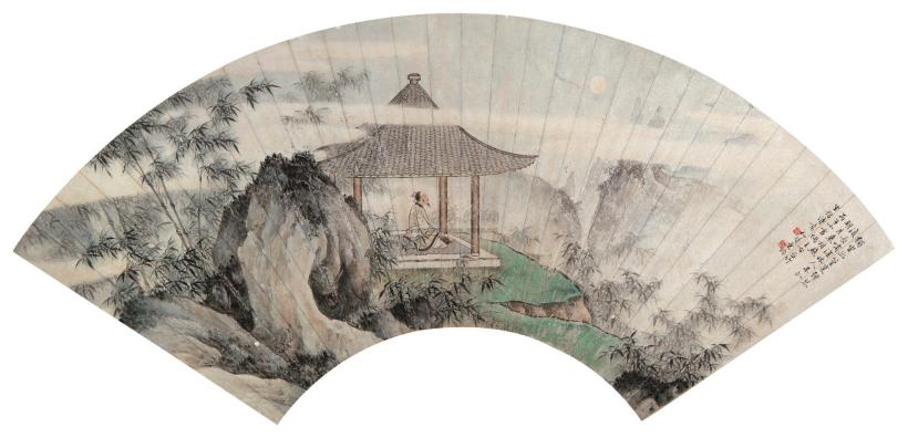 叶昀 丙子（1936年）作 竹亭赏月图 扇面
