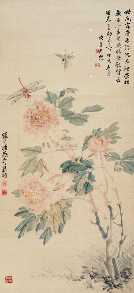 邓怀农 江寒汀 丁亥（1947年）作 草虫花卉 立轴