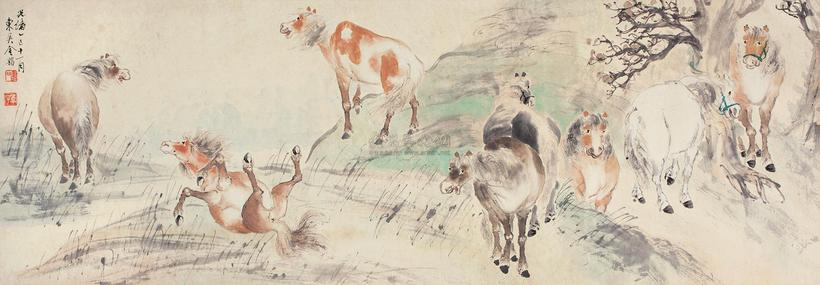 金寿石 乙巳（1905年）作 群马图 立轴
