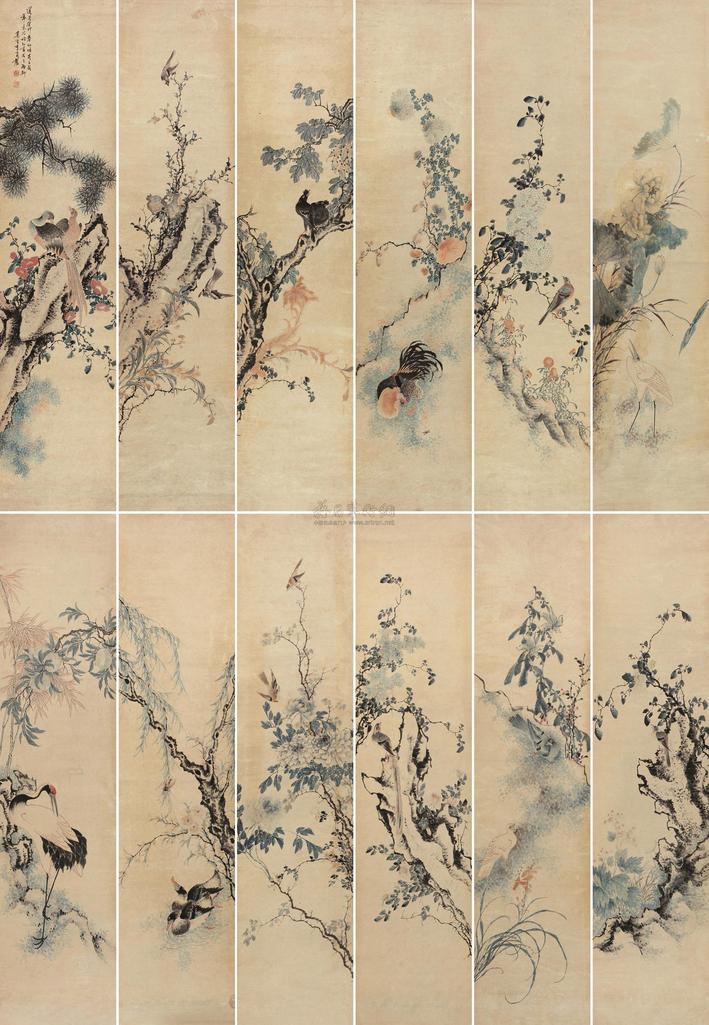 李育 花鸟 十二屏