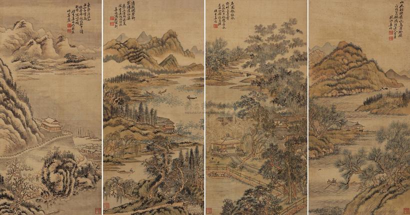 姜筠 戊戌（1898年）作 山水 四屏