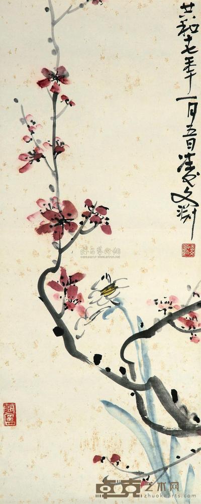 凌文渊 1928年 红梅兰花 立轴 70.5×28.5cm