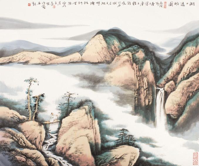 晏明 丙戌（2006）年作 湖上远眺图 镜心