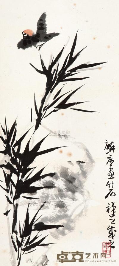 李苦禅 许麟庐 竹石小鸟 立轴 70×32cm