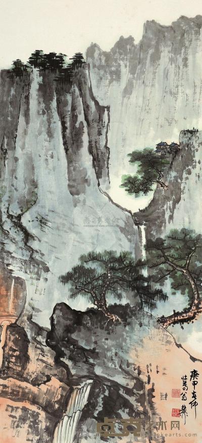 谢稚柳 庚申（1980）年作 溪山飞瀑 镜片 97.5×44.5cm