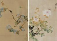 居廉 丙申（1896）年作 花卉虫草双挖 屏轴