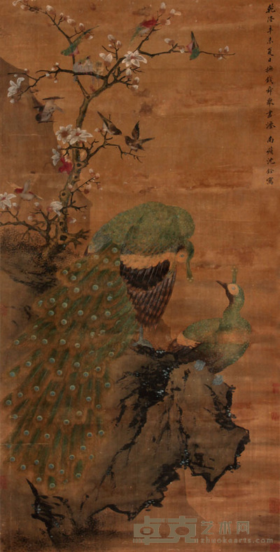 沈铨 孔雀立轴 103×52